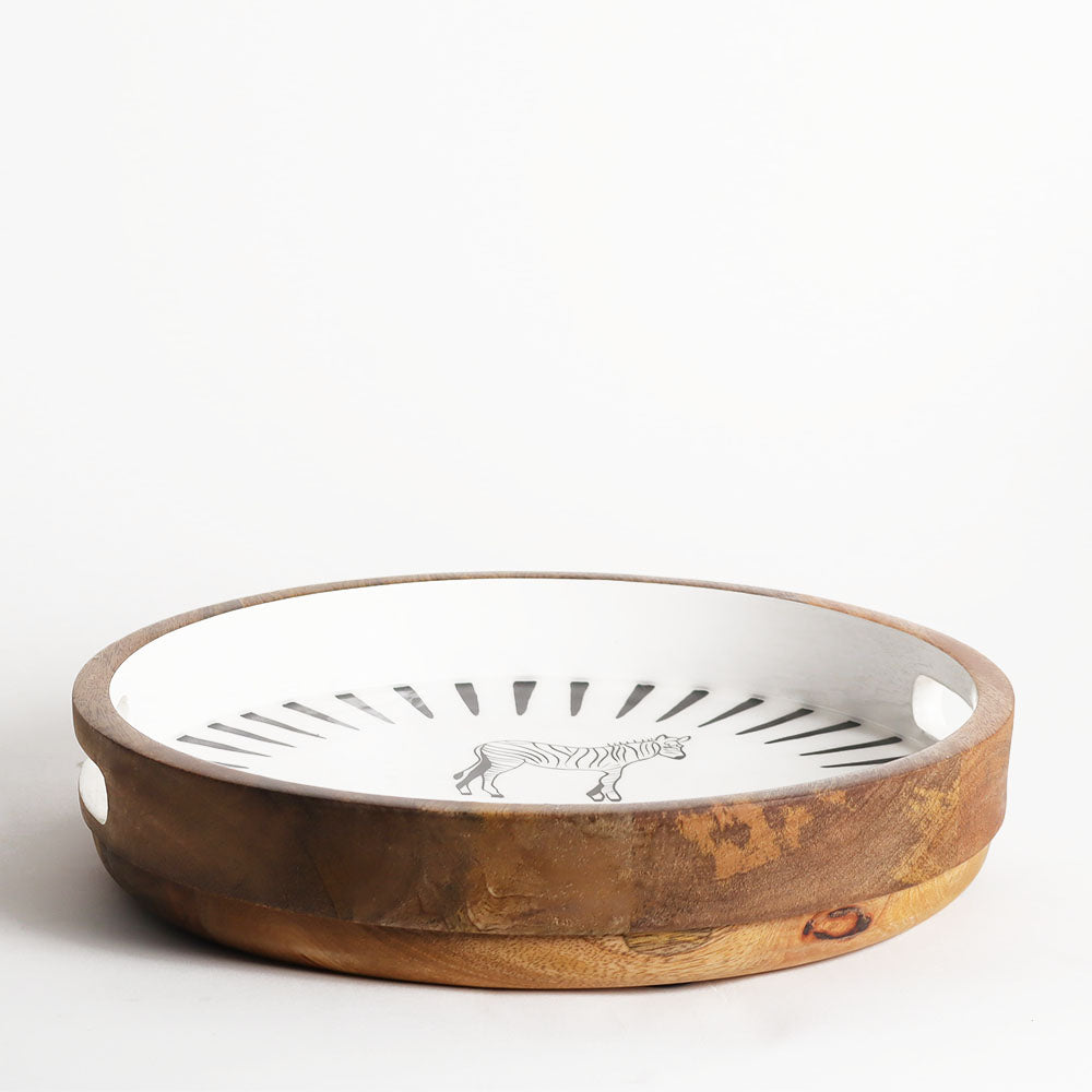 Zebra Wooden Round Tray Medium - White Black