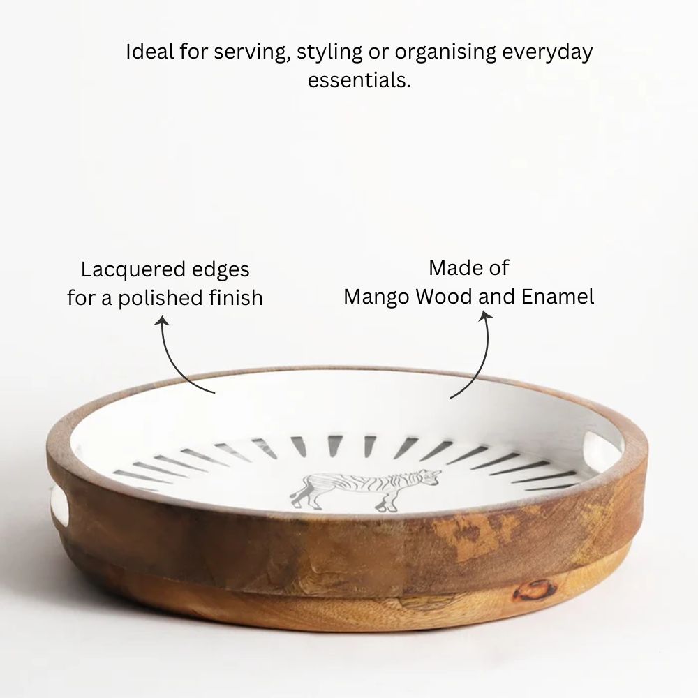 Zebra Wooden Round Tray Medium - White Black
