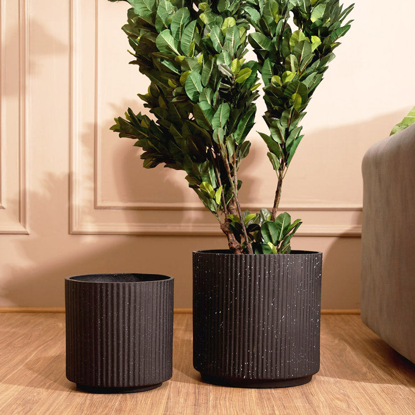 Zena Barrel Planters, Set of 2 - Speckled Black