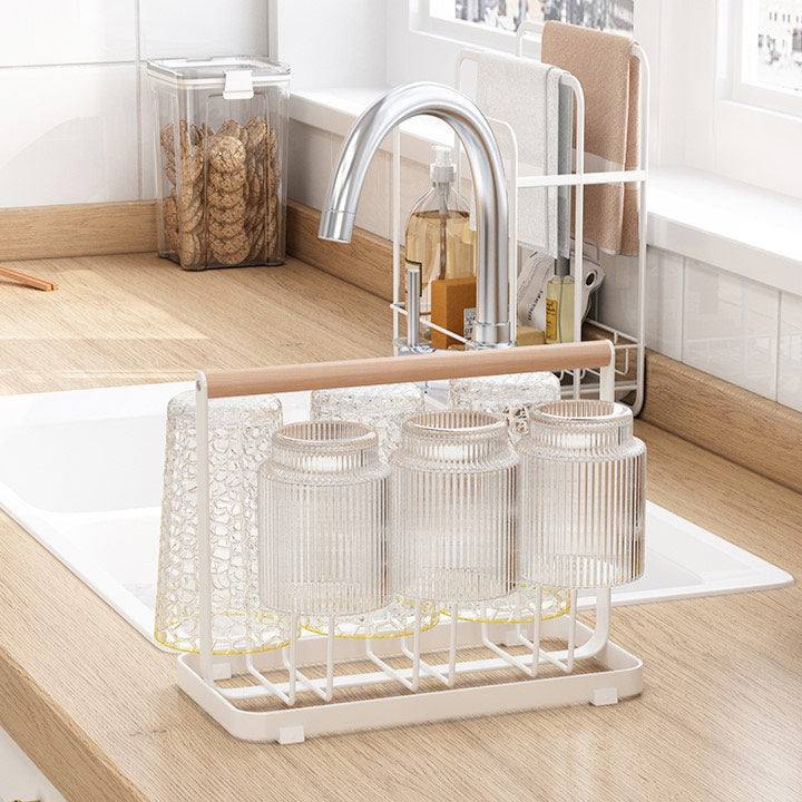 Arhat Organizers Glass Rack with Wooden Handle - White