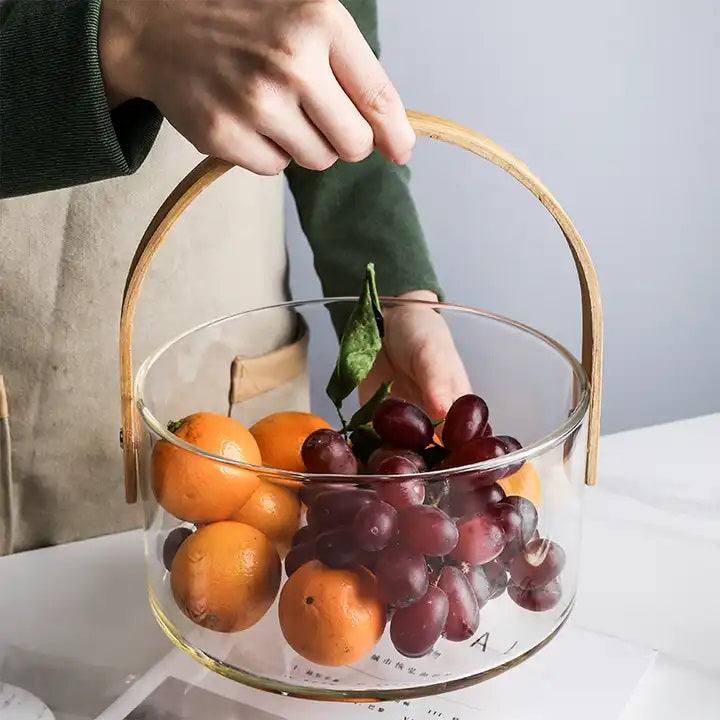 Enhabit Aura Glass Storage Basket with Wooden Handle