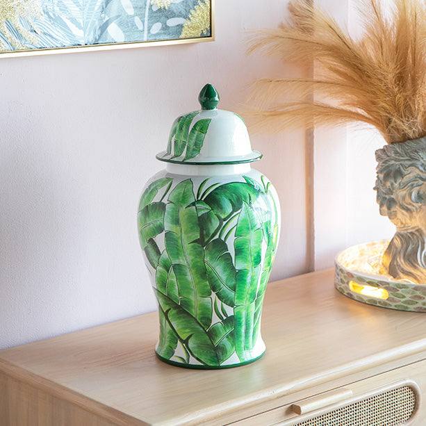 Enhabit Chantilly Ginger Jar With Lid XL - Green Leaves