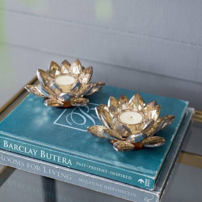 Enhabit Lotus Crystal Tealight Holder, Set of 2 - Soft Gold