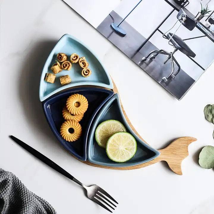 Enhabit Merlin Serving Platter with Wooden Base - Blue