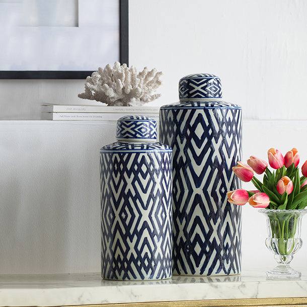 Enhabit Porcelain Lidded Jar Tall - Blue Chevron