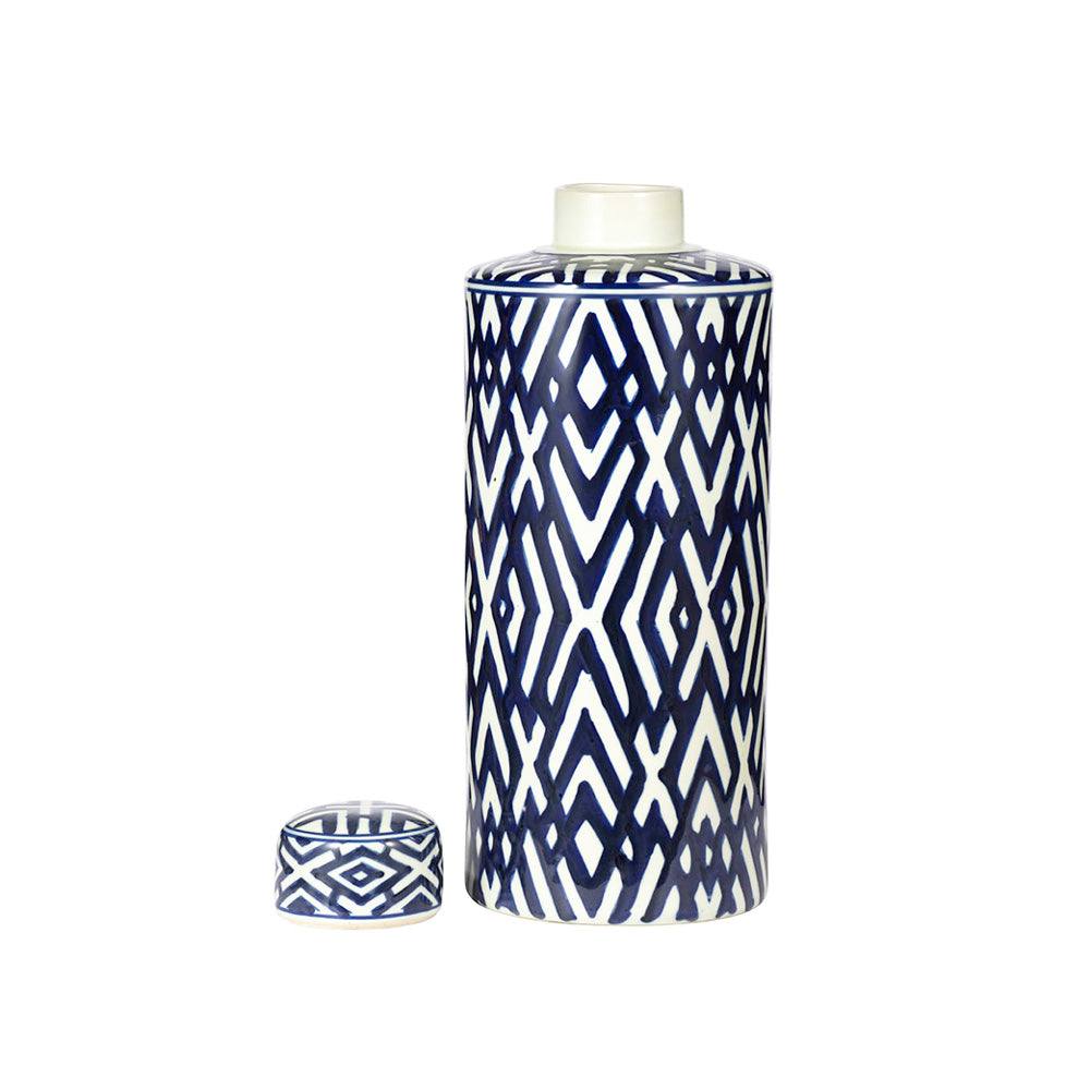 Enhabit Porcelain Lidded Jar Tall - Blue Chevron