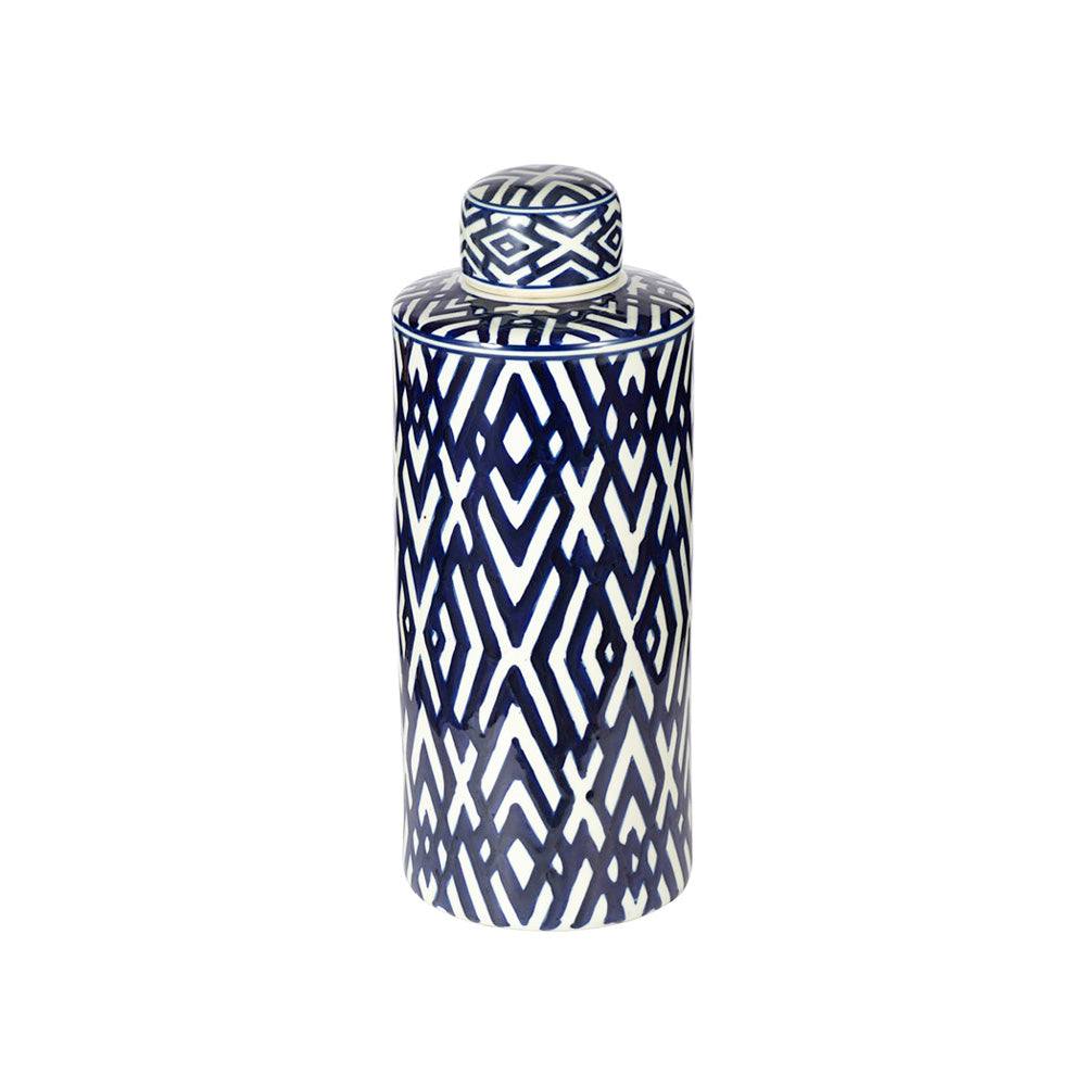 Enhabit Porcelain Lidded Jar Tall - Blue Chevron