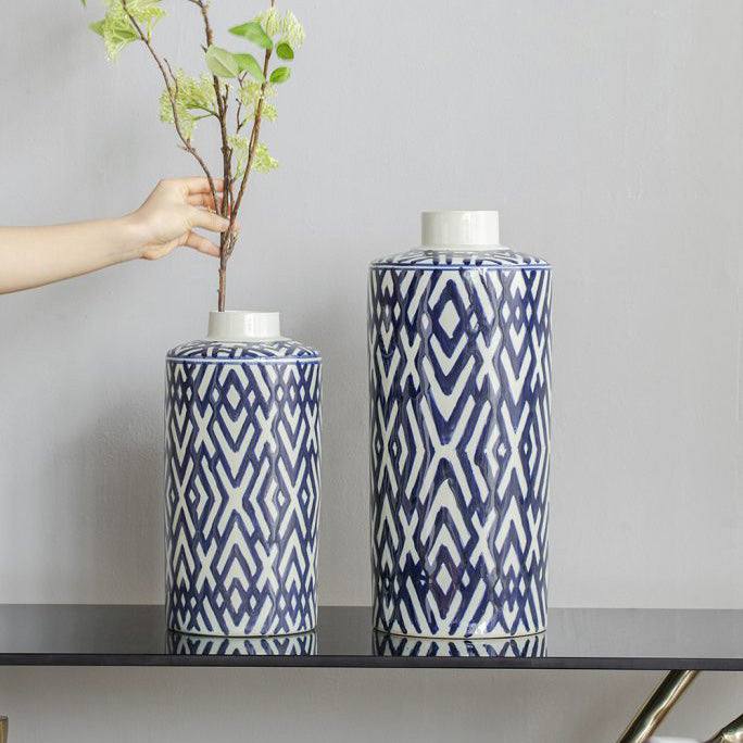 Enhabit Porcelain Lidded Jar Tall - Blue Chevron