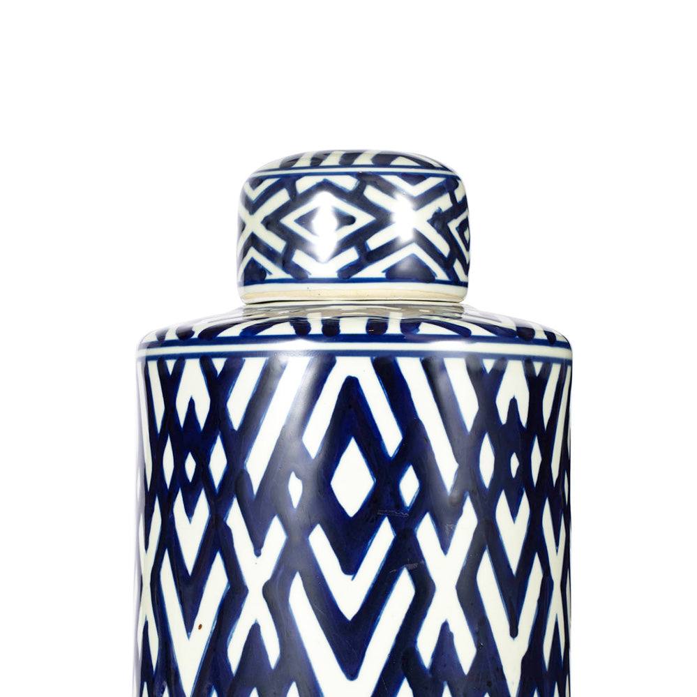 Enhabit Porcelain Lidded Jar Tall - Blue Chevron