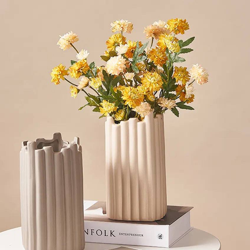 Enhabit Ribbed Ceramic Vase - Beige