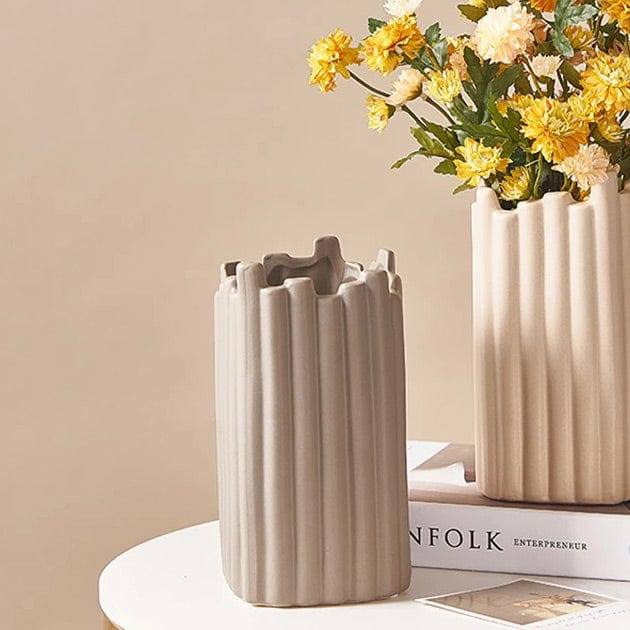 Enhabit Ribbed Ceramic Vase - Taupe