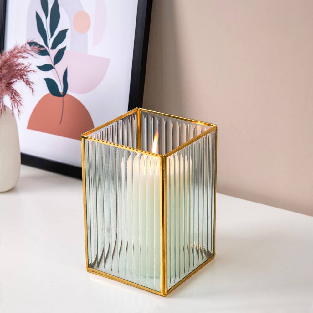 ESQ Living Fluted Glass Hurricane - Gold