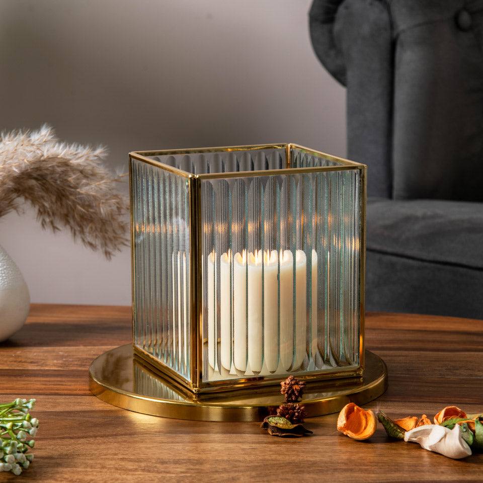 ESQ Living Fluted Glass Hurricane Small - Gold