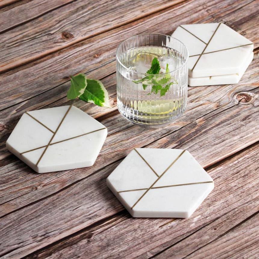 ESQ Living Hexagonal Marble Coasters, Set of 4 - Gold Lines