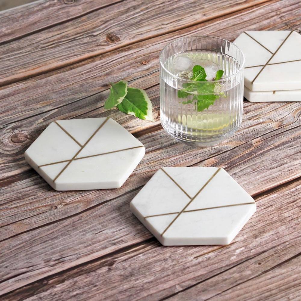 ESQ Living Hexagonal Marble Coasters, Set of 4 - Gold Lines