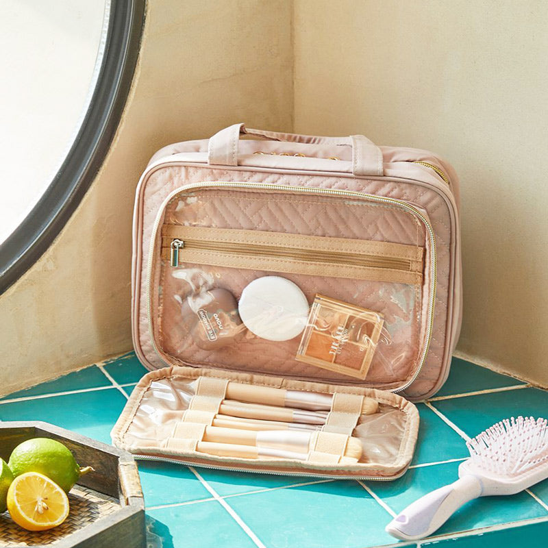 Dual Zip Travel Makeup Organiser - Pink