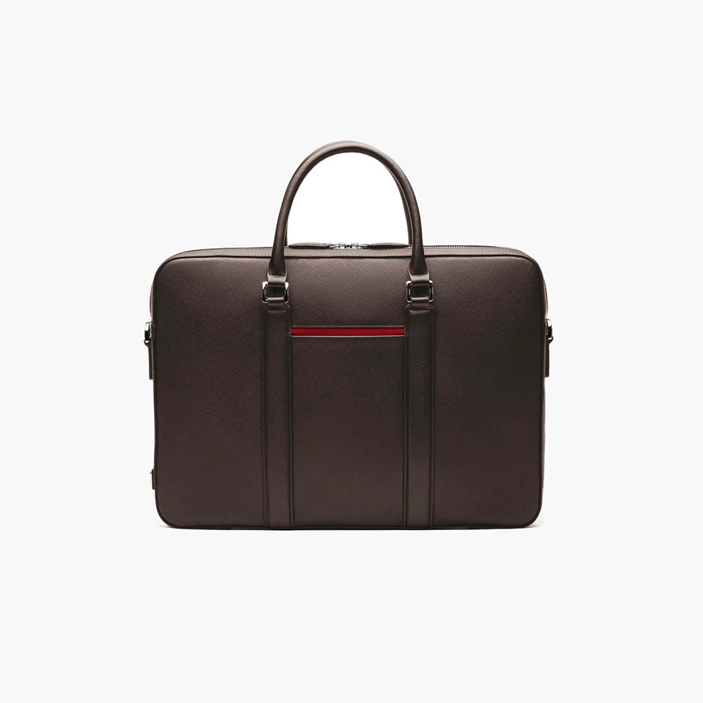 Manhattan Leather Briefcase - Brown & Racing Red