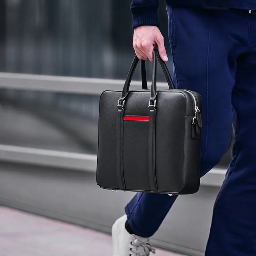 Manhattan Leather Briefcase - Black & Racing Red