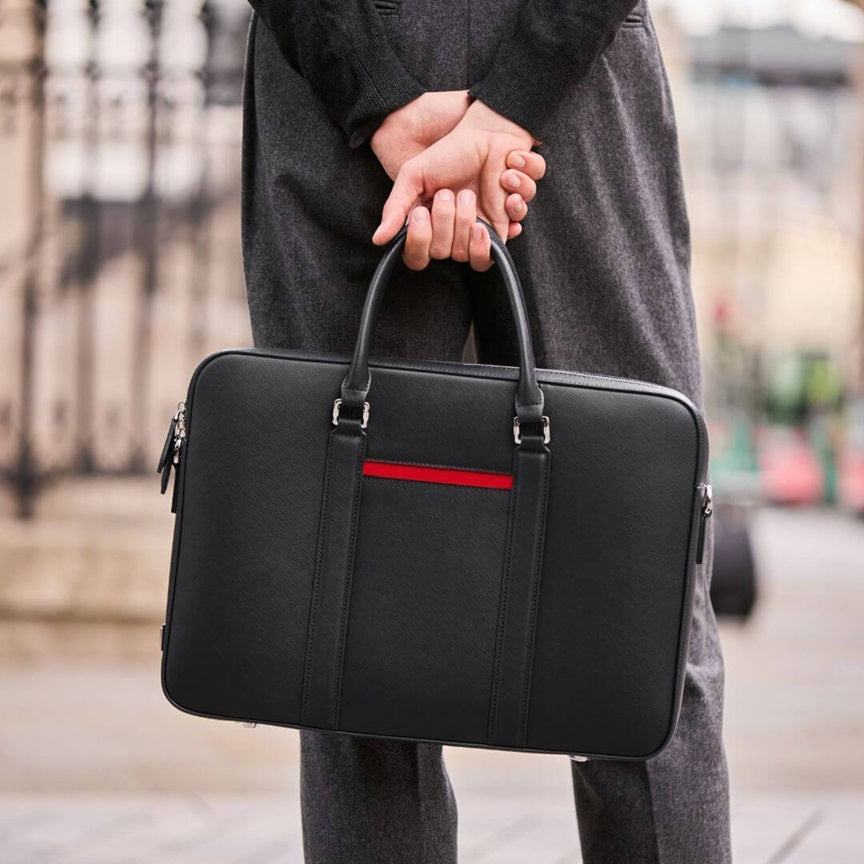 Manhattan Leather Briefcase - Black & Racing Red