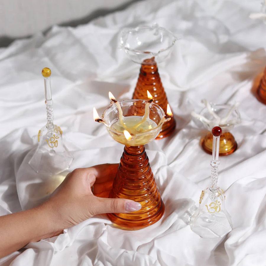 Muun Home Glass Diya Set with Bell - Amber