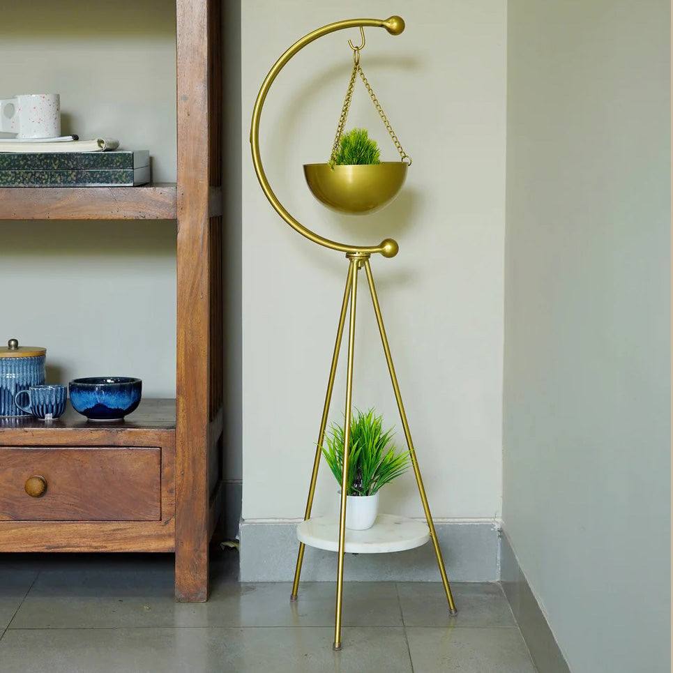 Muun Home Standing Tripod Planter - Gold & White Marble