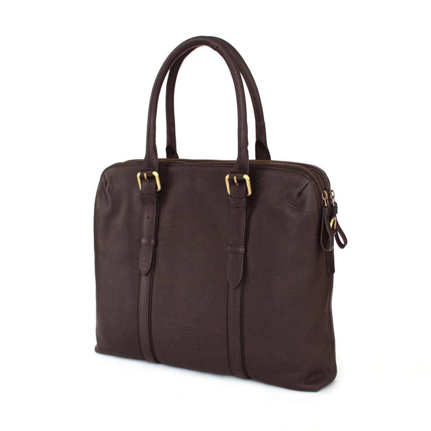 Nappa Dori Dual Zip Leather Laptop Bag - Dark Brown