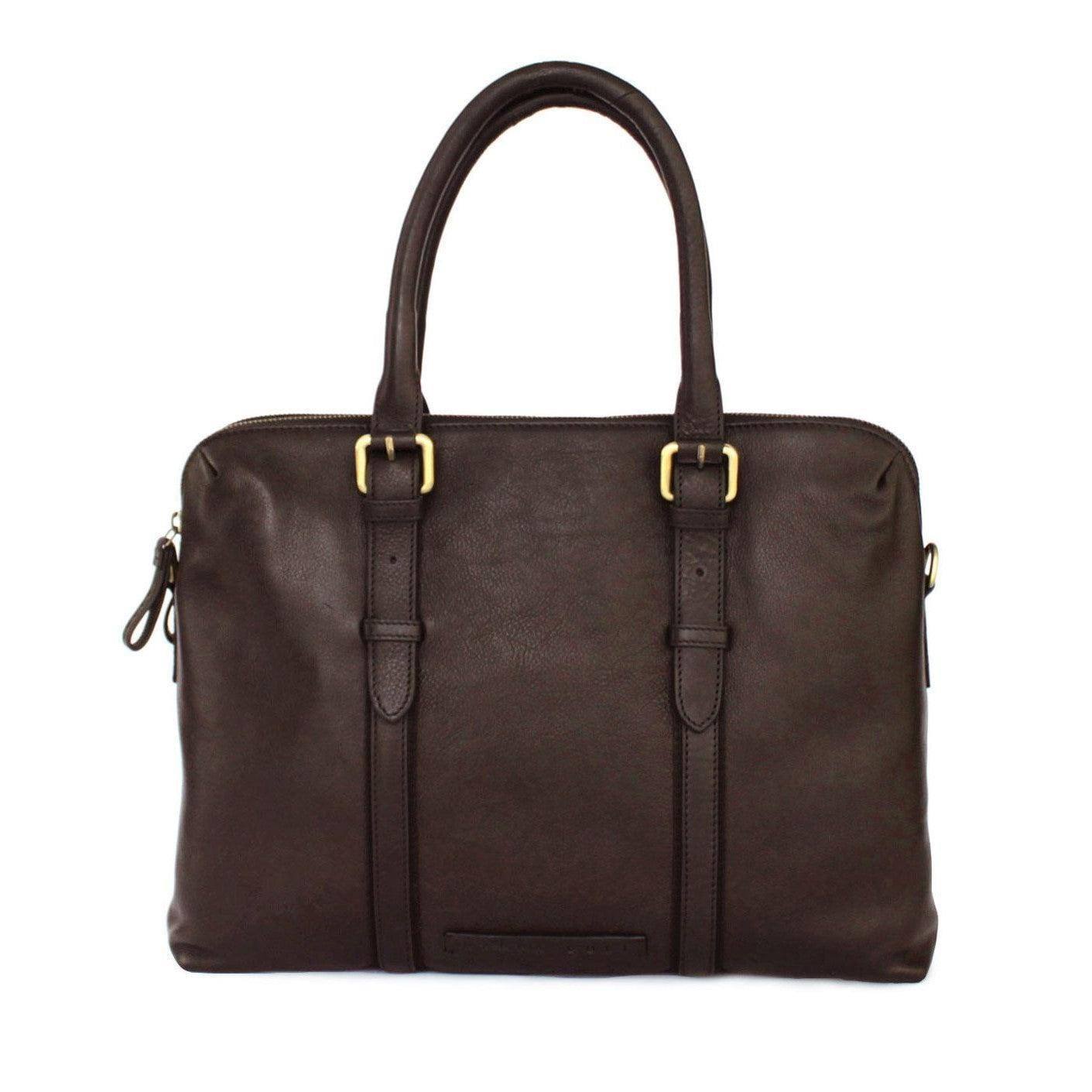 Nappa Dori Dual Zip Leather Laptop Bag - Dark Brown