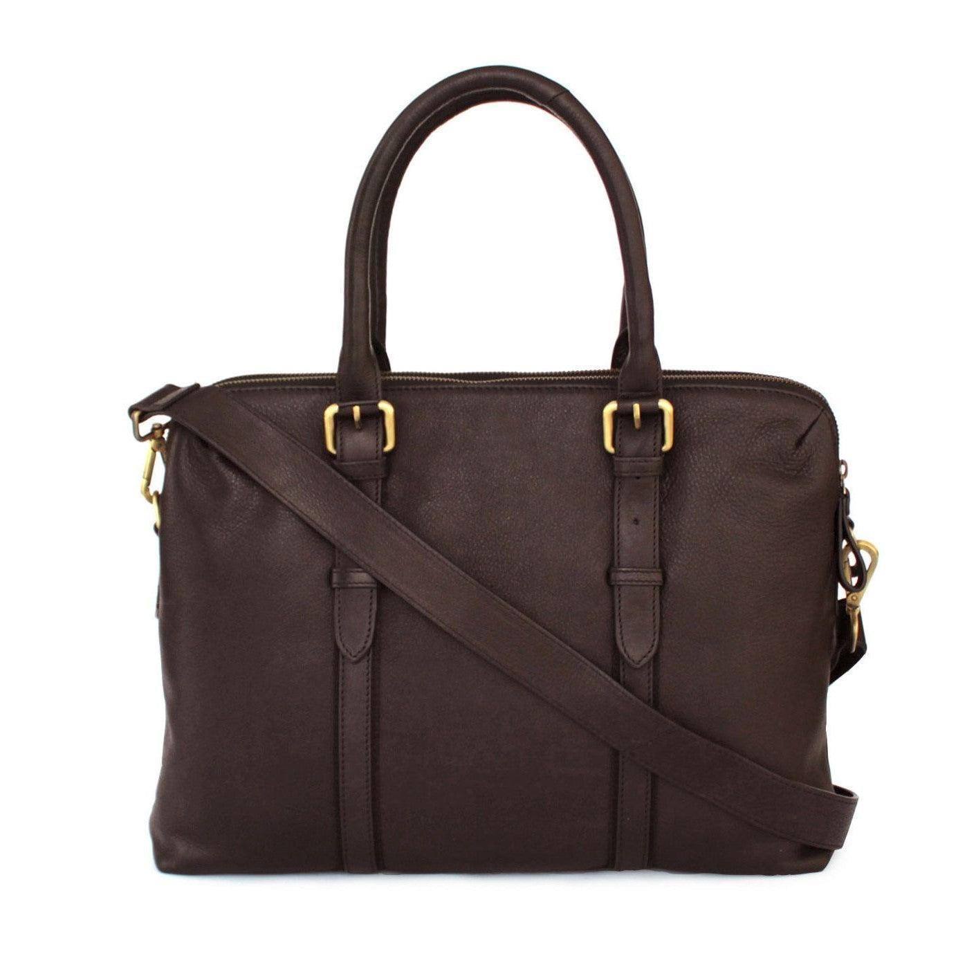 Nappa Dori Dual Zip Leather Laptop Bag - Dark Brown