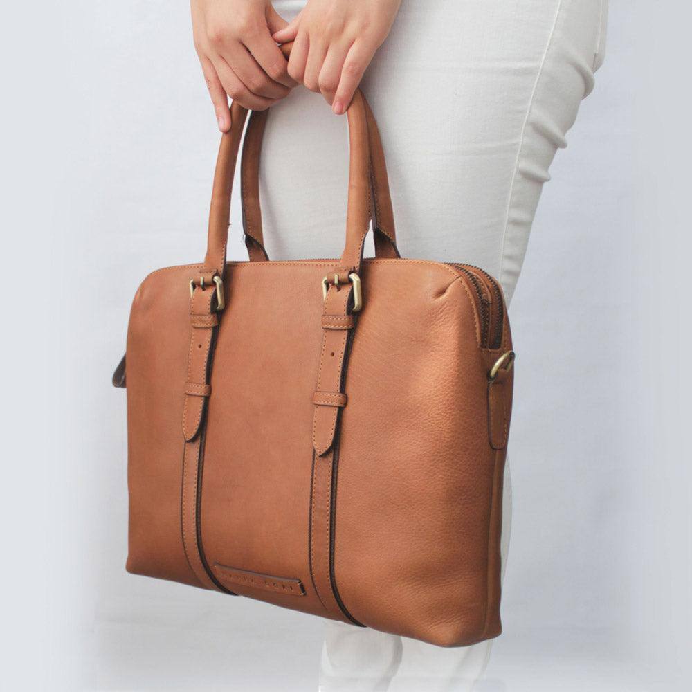 Nappa Dori Dual Zip Leather Laptop Bag - Tan