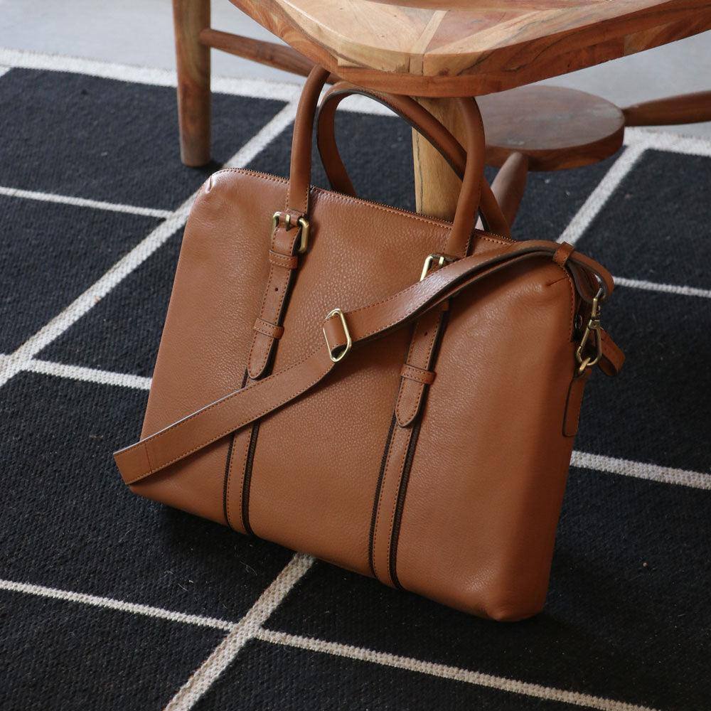 Nappa Dori Dual Zip Leather Laptop Bag - Tan