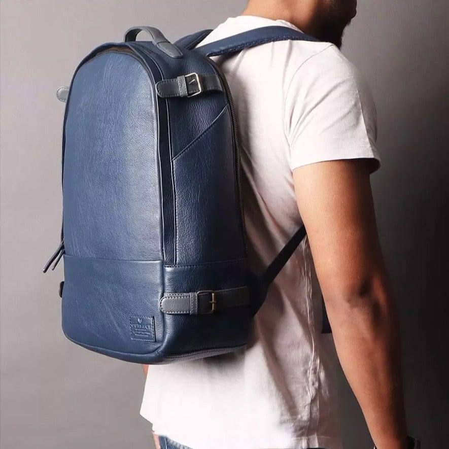 Mens navy leather backpack sale