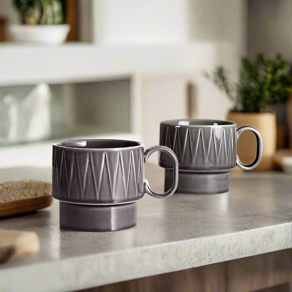 Coffee and More Tea Mugs, Set of 2 - Grey