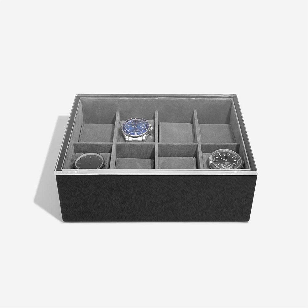 Stackers London 8-pc Watch Box with Acrylic Lid - Black Pebble