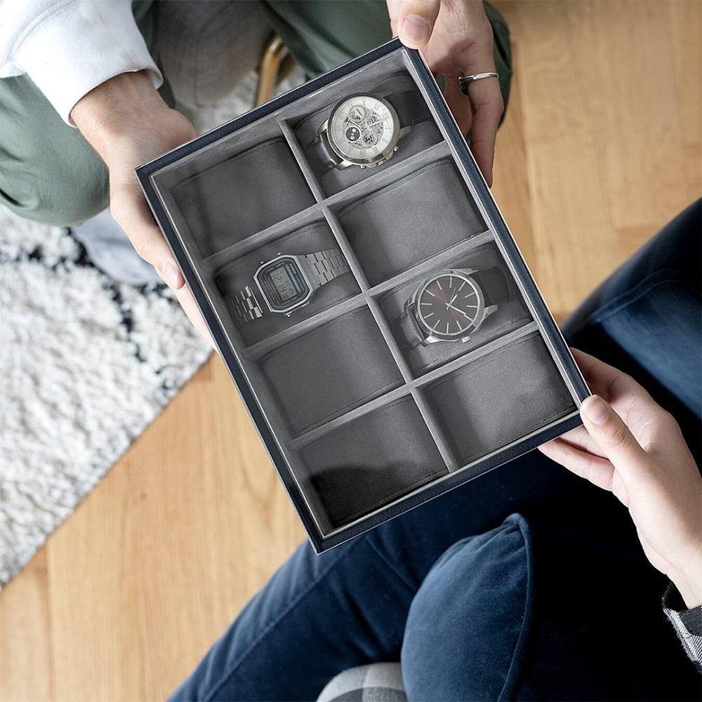 Stackers London 8-pc Watch Box with Acrylic Lid - Black Pebble