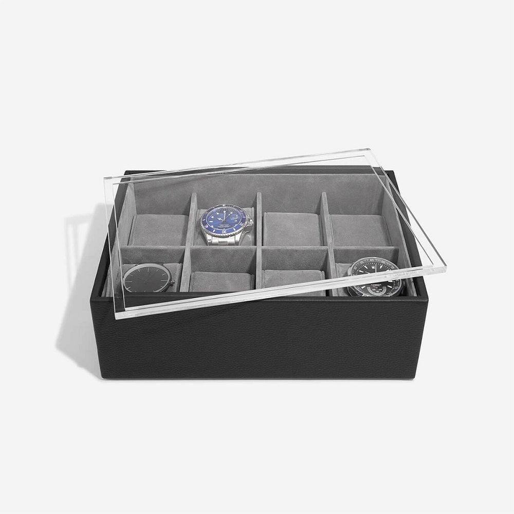 Stackers London 8-pc Watch Box with Acrylic Lid - Black Pebble