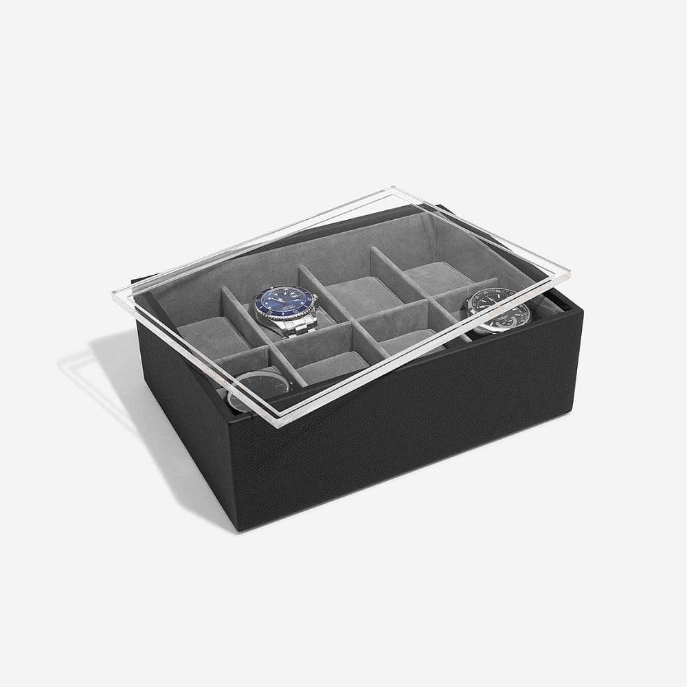 Stackers London 8-pc Watch Box with Acrylic Lid - Black Pebble