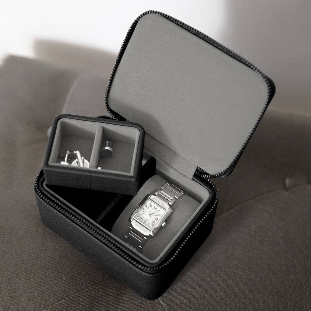 Stackers Zipped Watch & Cufflink Box - Pebble Black
