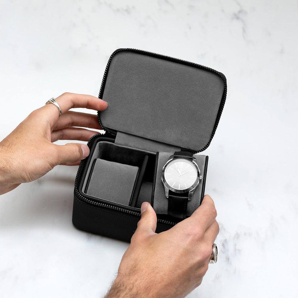 Stackers London Zipped Watch Case Double - Pebble Black